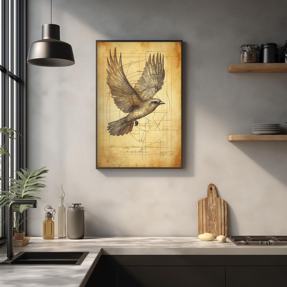 a kitchen counter with various kitchen items, including a cutting board, a bottle, and a vase. Above the counter, there is a framed illustration of a bird in flight, and a lamp is hanging from the ceiling.