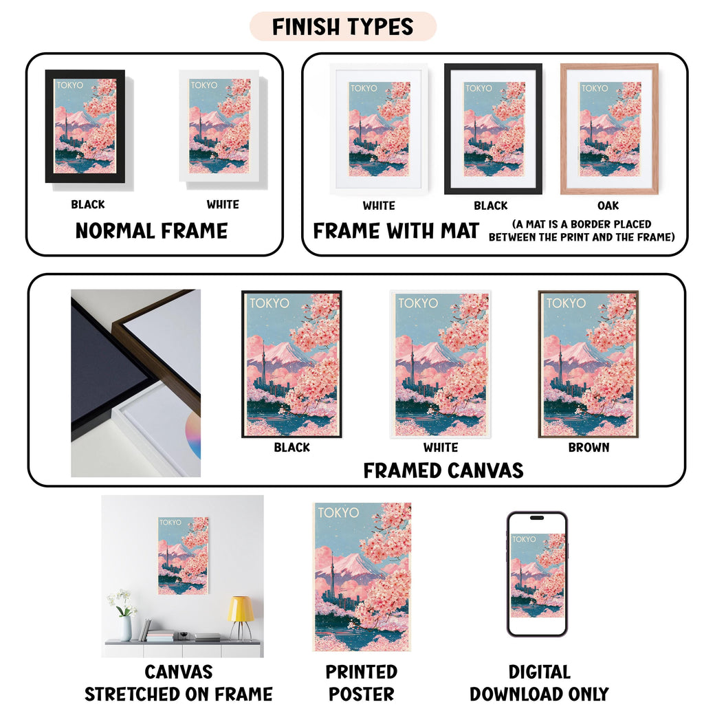 various images of framed artworks, including a poster of Tokyo, a framed canvas, and a printed poster. The artworks are displayed in different frames, such as black, white, and brown, and are labeled with their finish types, such as normal frame, frame with mat, white, black, and framed canvas. The artworks also feature different color schemes, including black, white, and pink, and are described as printed, stretched on frame, and digital download only.