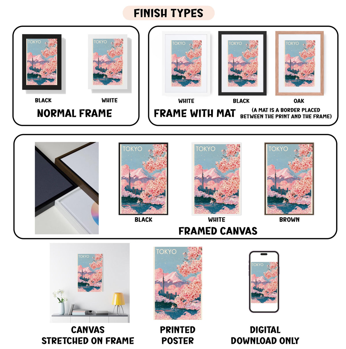 various images of framed artworks, including a poster of Tokyo, a framed canvas, and a printed poster. The artworks are displayed in different frames, such as black, white, and brown, and are labeled with their finish types, such as normal frame, frame with mat, white, black, and framed canvas. The artworks also feature different color schemes, including black, white, and pink, and are described as printed, stretched on frame, and digital download only.
