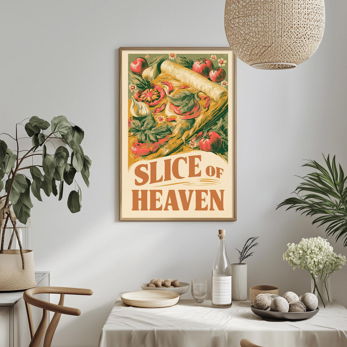 a framed poster of a slice of pizza with various vegetables, hanging on a wall above a dining table with a white tablecloth.