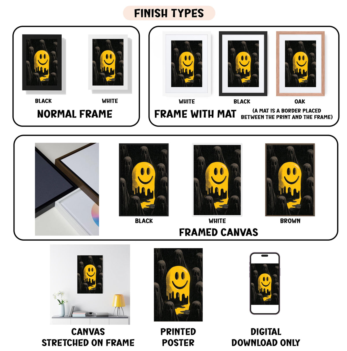 various finish types for a framed artwork, including a normal frame, a frame with a mat, a black frame, a white frame, a black frame, a white frame, a brown frame, a framed canvas, a stretched canvas, a printed poster, and a digital download only.