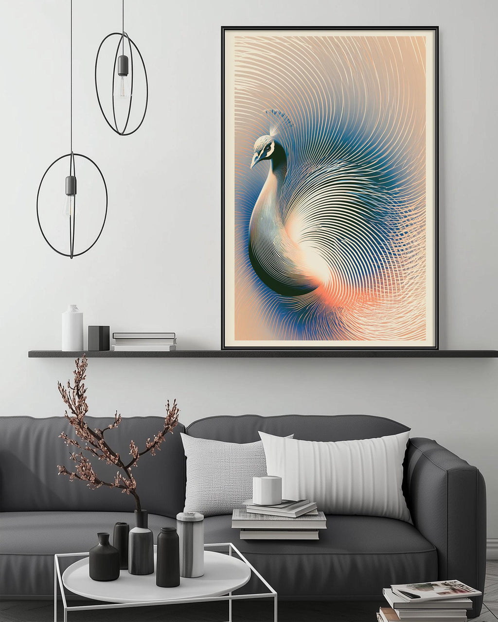 a modern living room with a gray sofa, a coffee table, and a large abstract painting of a peacock on the wall.