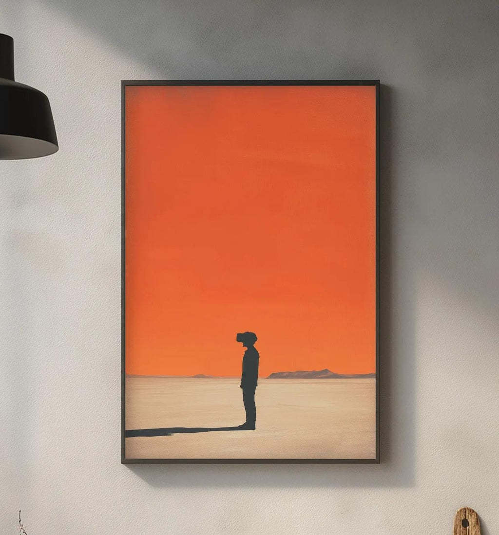 a minimalist kitchen design with a large orange painting hanging on the wall, a wooden cutting board, and various kitchen accessories on the countertop.