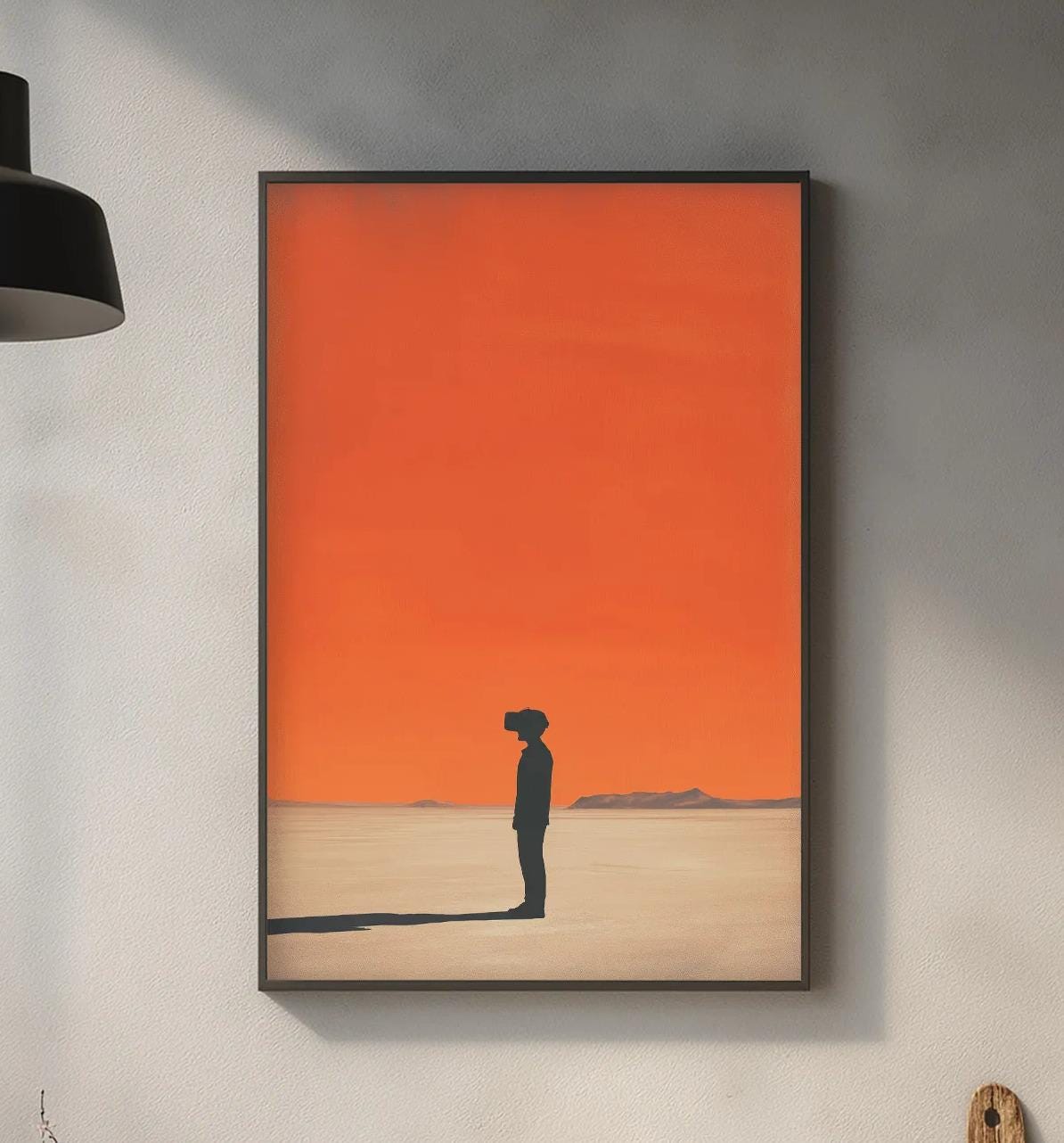 a minimalist kitchen design with a large orange painting hanging on the wall, a wooden cutting board, and various kitchen accessories on the countertop.