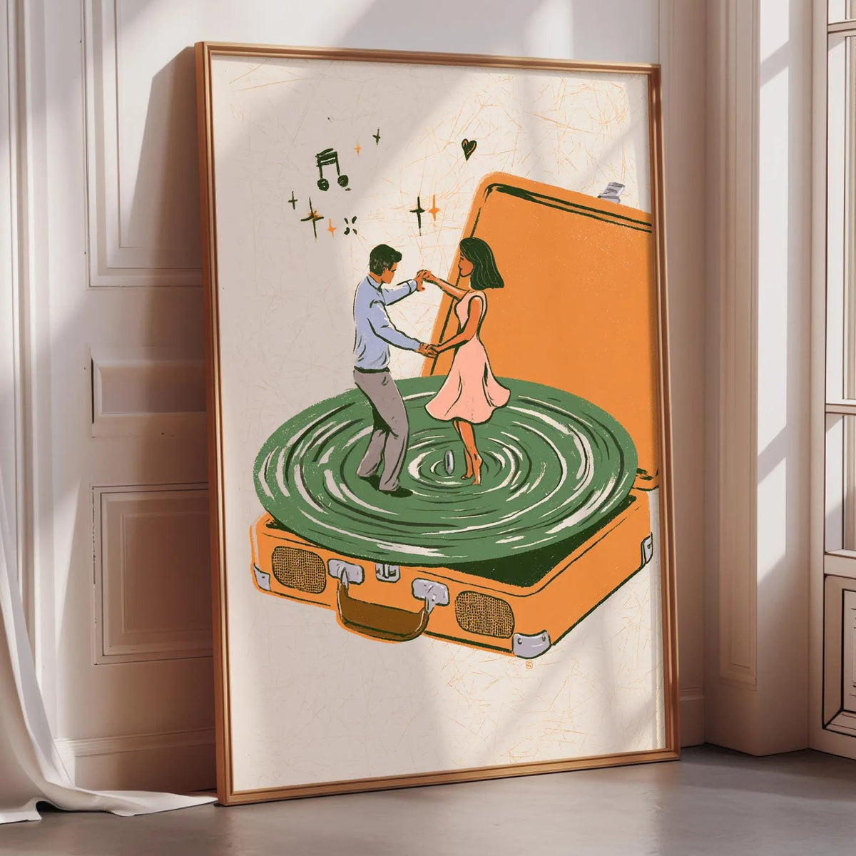 The image is a framed illustration depicting a man and a woman dancing on a turntable, surrounded by musical notes and stars.