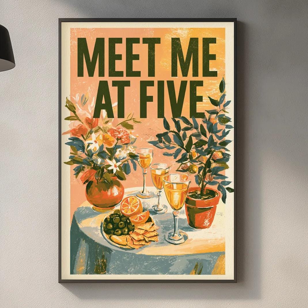 a kitchen counter with various items such as a cutting board, a bottle, a vase, and a potted plant. Above the counter, there is a framed poster with the text "MEET ME AT FIVE" and an illustration of a table with food and drinks.