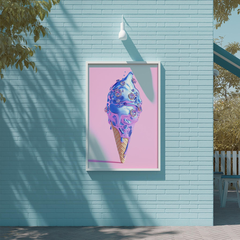 a large, colorful, and whimsical depiction of an ice cream cone on a wall, with a pink background and a blue frame.