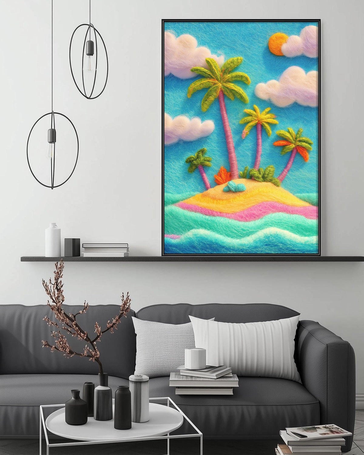 a cozy living room with a gray sofa, a coffee table, and a large framed painting of a tropical island with palm trees and a blue sky with clouds.