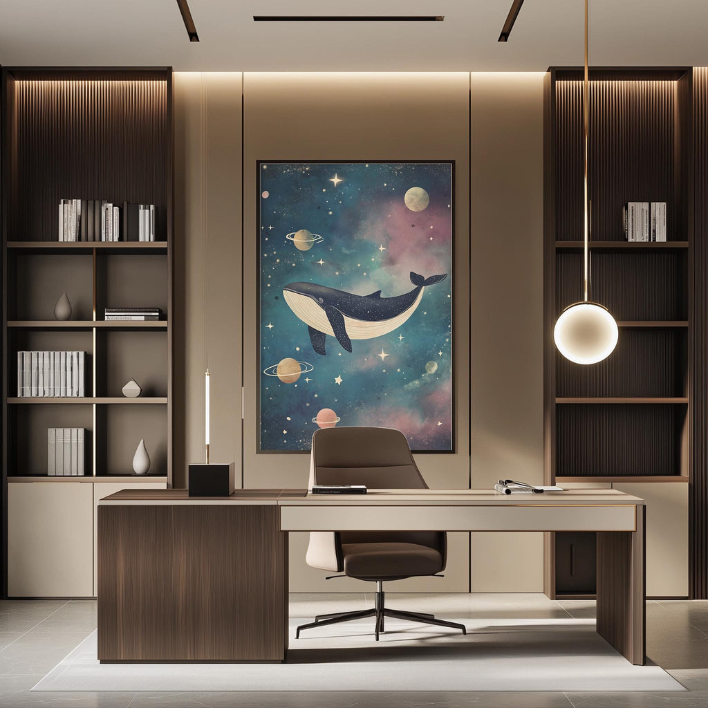 a modern and stylish office space with a large whale painting on the wall, a wooden desk, and a comfortable chair.
