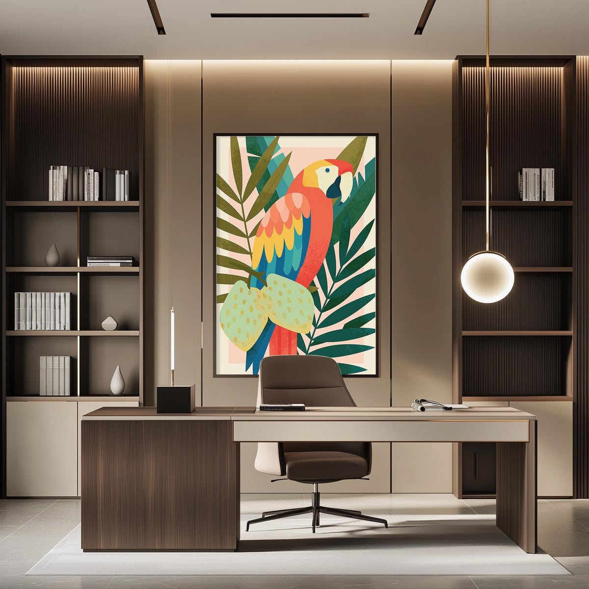 a modern and stylish office space with a large, colorful painting of a parrot on the wall. The office features a wooden desk, a comfortable chair, and a bookshelf filled with books. The overall design and decor create a visually appealing and functional workspace.