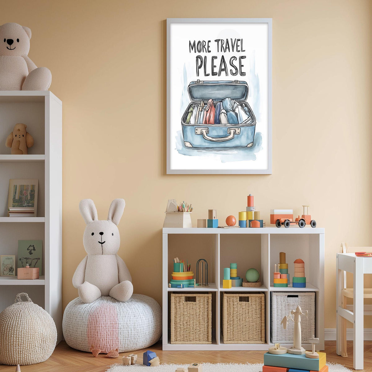 a child's bedroom with a teddy bear sitting on a bean bag chair, a bookshelf filled with toys, and a framed poster on the wall that says "More travel please".