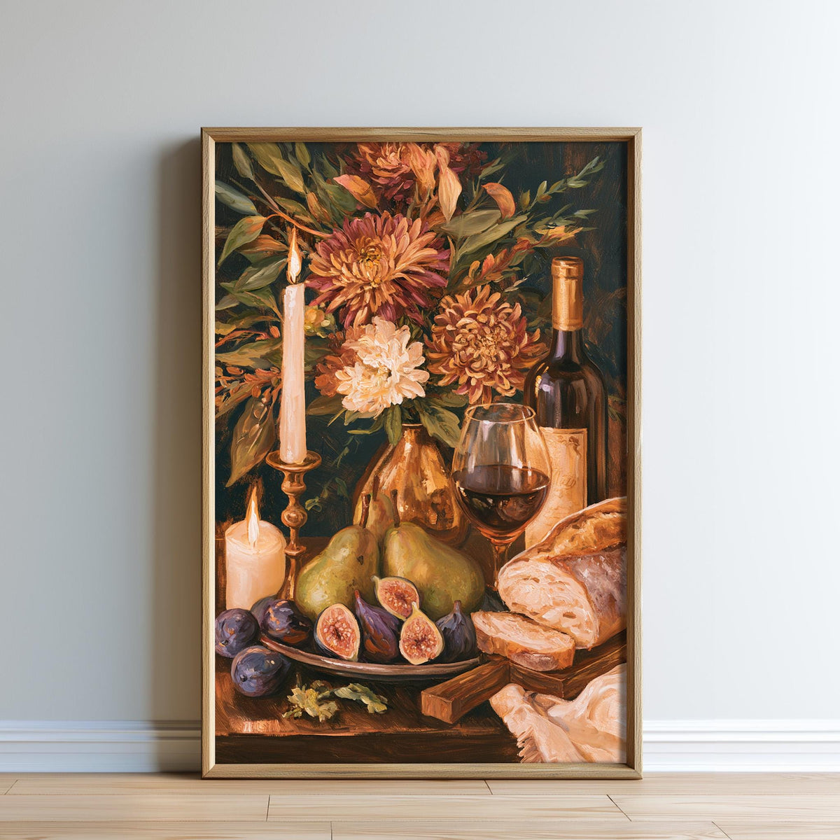 The image is a framed painting depicting a still life arrangement of various fruits, flowers, and a bottle of wine on a table.