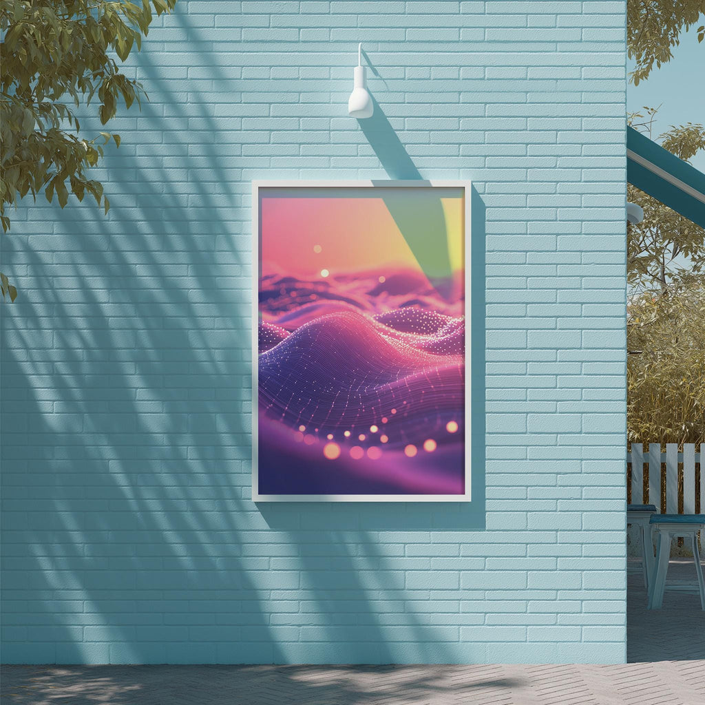a large, colorful abstract painting hanging on a blue brick wall.