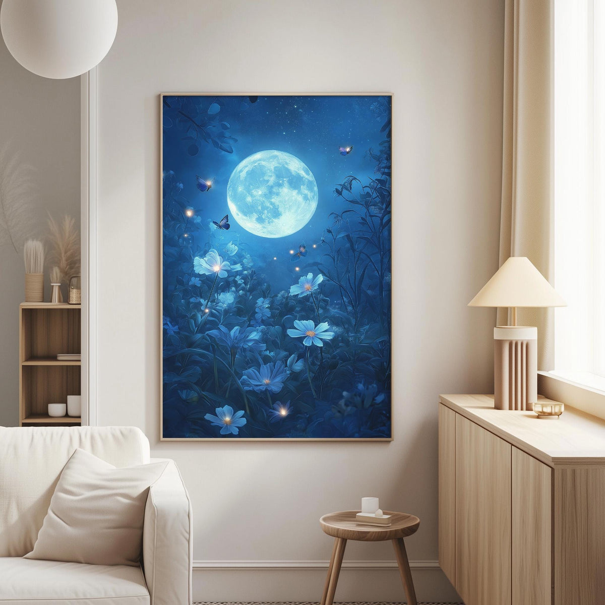 a serene and tranquil living room with a large framed picture hanging on the wall, depicting a night scene with a full moon, flowers, and butterflies.