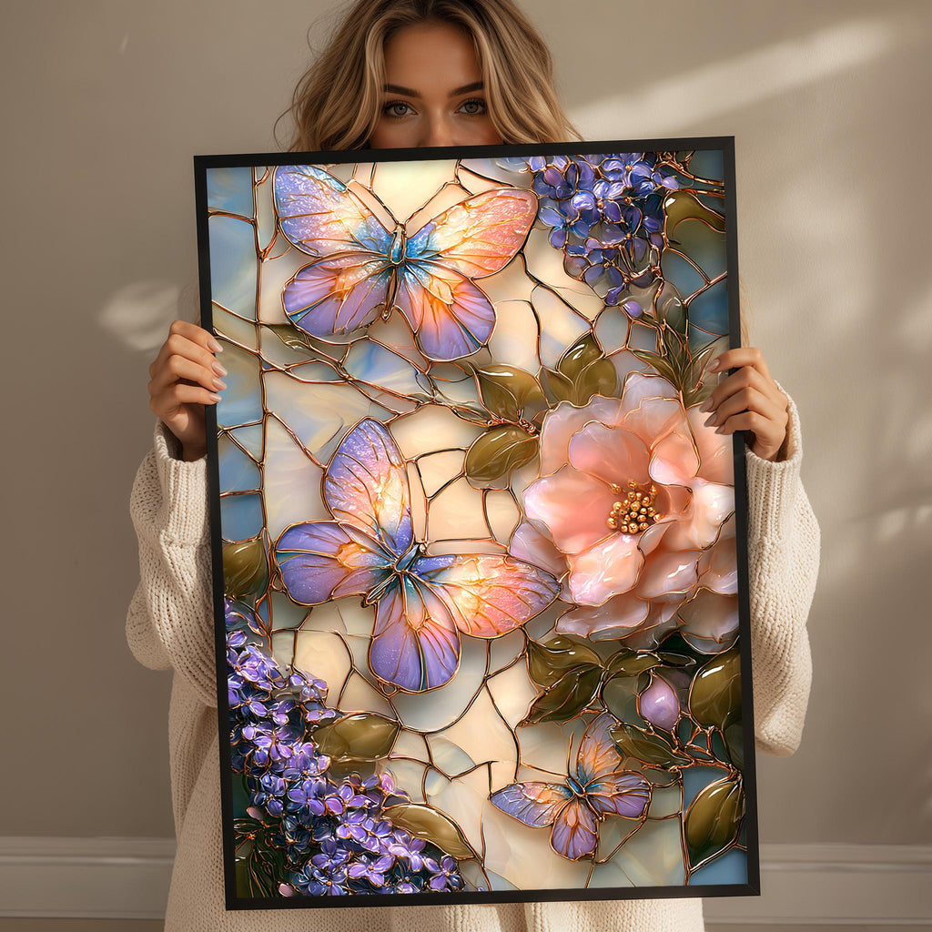 A woman holds up a framed stained glass artwork featuring colorful butterflies and flowers.