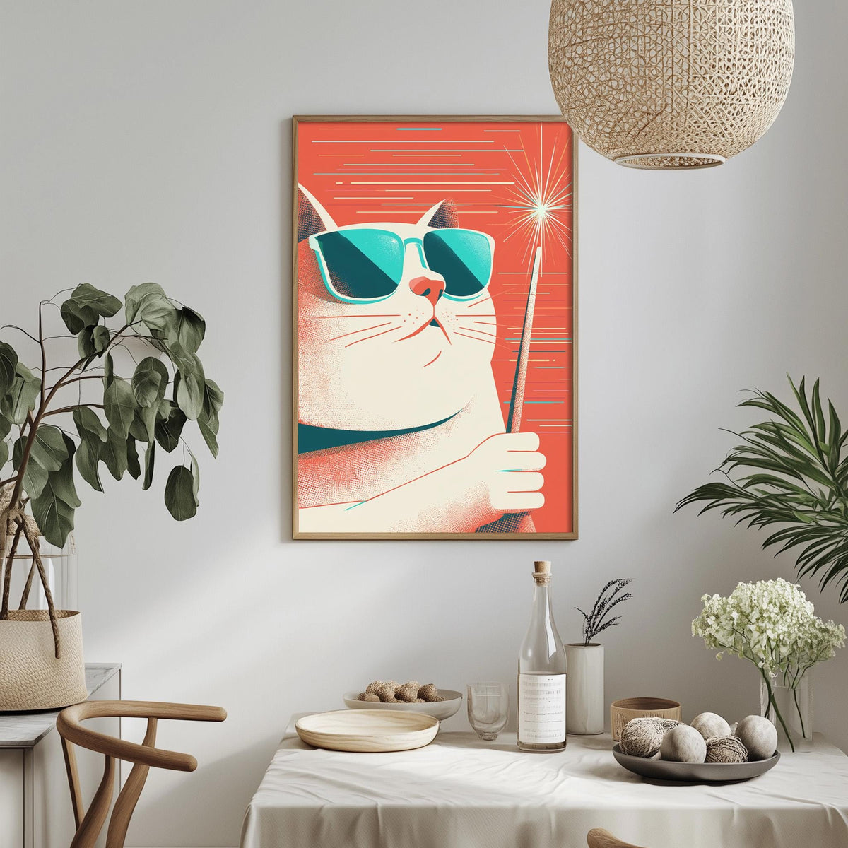 a framed illustration of a cat wearing sunglasses and holding a wand, set against a red background with a starburst effect. The cat is positioned in the center of the frame, with the sunglasses and wand held in its paws. The background is vibrant and eye-catching, with the starburst adding a dynamic element to the composition. The overall scene is playful and whimsical, with the cat as the focal point.