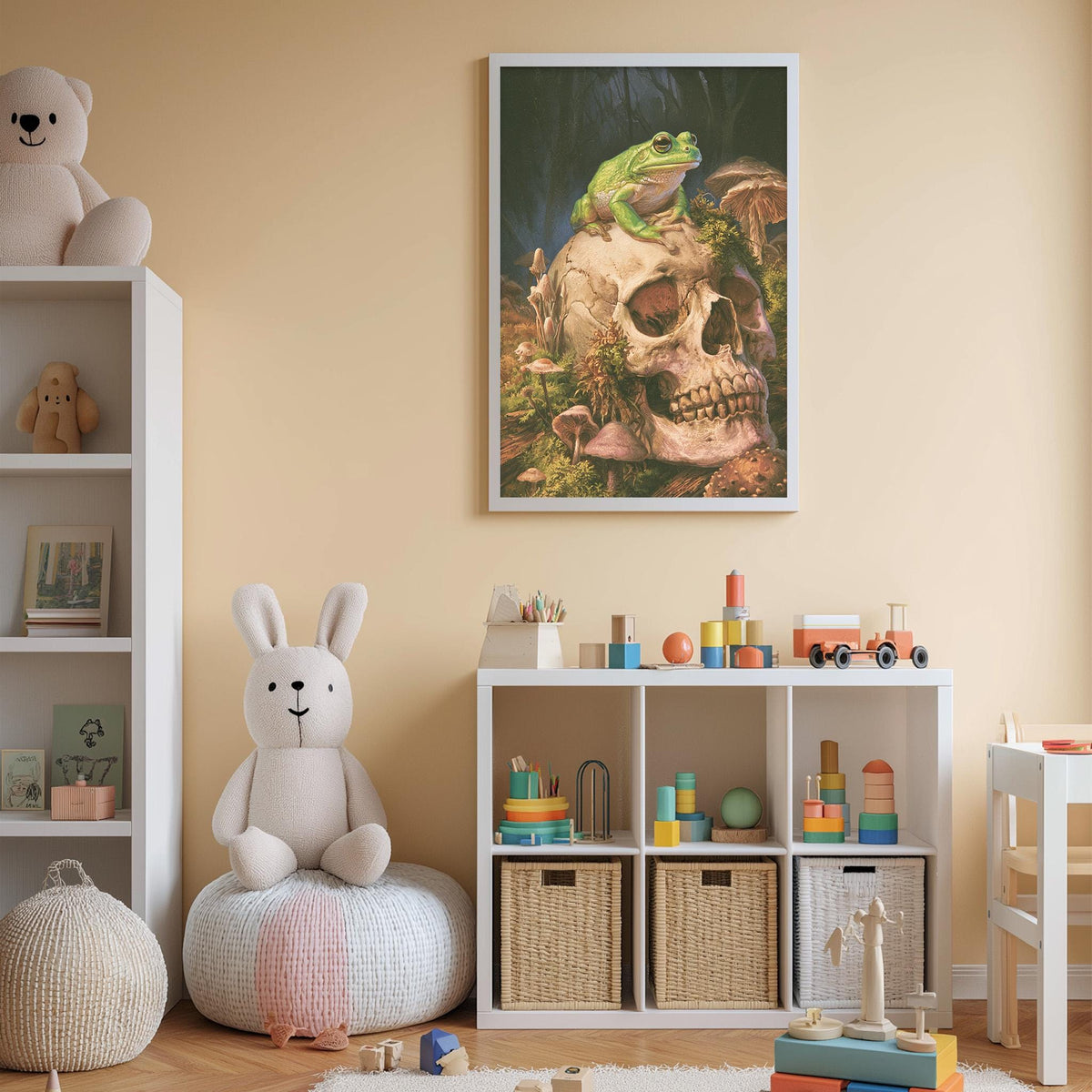 A child's bedroom with a white bookshelf, a stuffed rabbit, a toy train, and a framed picture of a frog on a skull.
