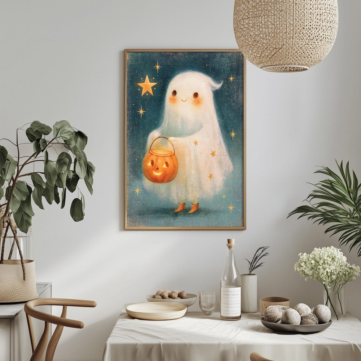 a Halloween-themed painting of a ghost holding a carved pumpkin, hanging on a wall above a table with various decorations and a bottle of wine.