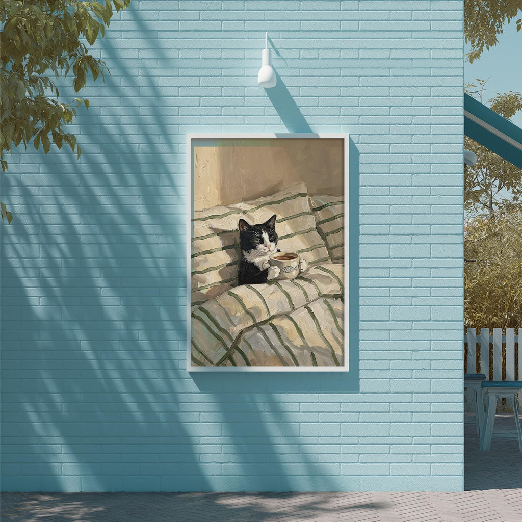 A framed painting of a cat resting on a bed is displayed on a blue wall, with a white light fixture above it.