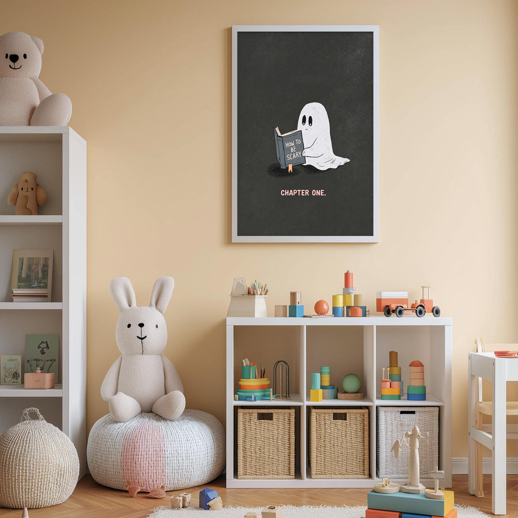 A cozy children's room with a bookshelf, stuffed animals, and a toy train. The room has a warm, inviting atmosphere with a black and white ghost on the wall and a pink bunny sitting on a bean bag chair.