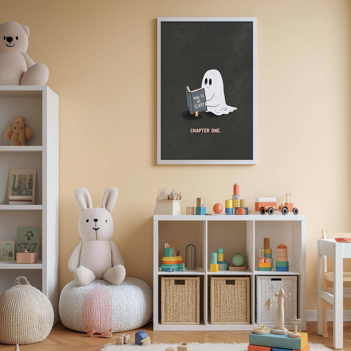 A cozy children's room with a bookshelf, stuffed animals, and a toy train. The room has a warm, inviting atmosphere with a black and white ghost on the wall and a pink bunny sitting on a bean bag chair.