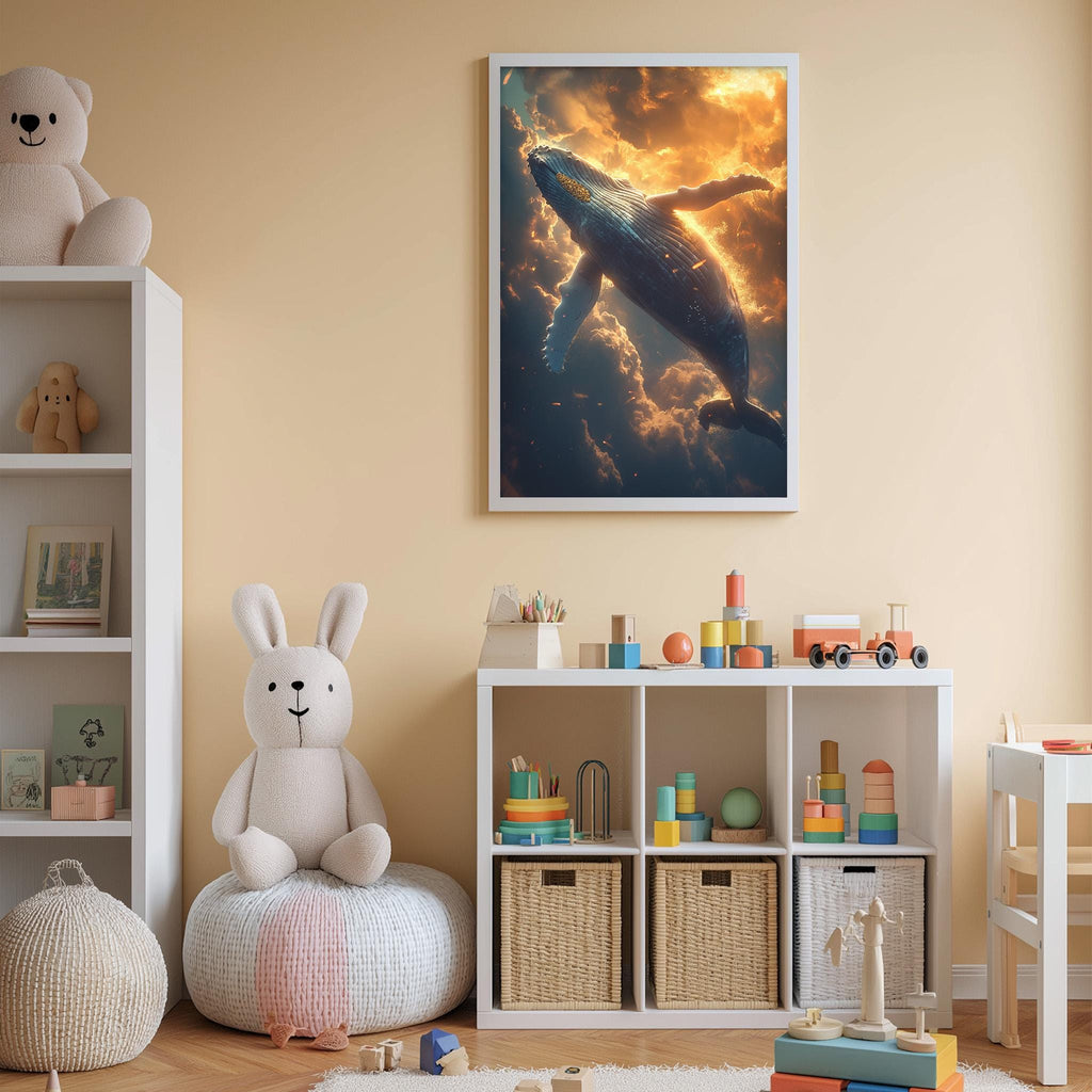 A child's bedroom with a large whale painting on the wall, a stuffed rabbit, a toy shelf with various toys, and a woven basket.