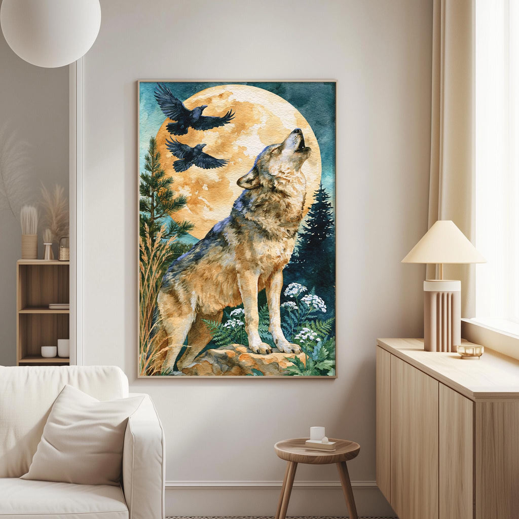 a large painting of a wolf howling at a full moon, surrounded by a forest and birds in flight.