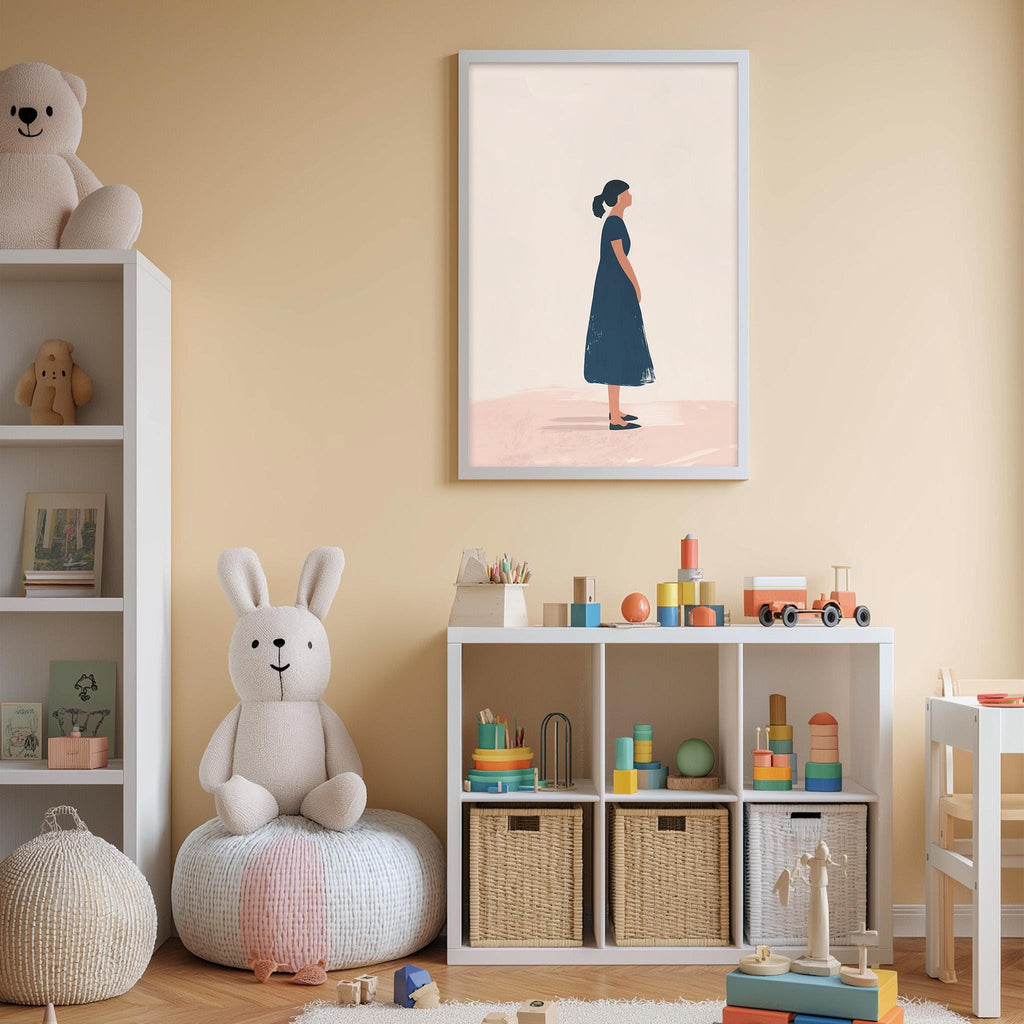 a cozy and well-organized children's playroom, featuring a white bookshelf, a plush rabbit, and a colorful toy box filled with various toys. A framed illustration of a woman in a blue dress is displayed on the wall above the playroom, adding a touch of elegance to the space.