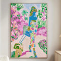 a large, colorful painting of a woman walking a dog in a tropical garden, hanging on a wall in a living room.