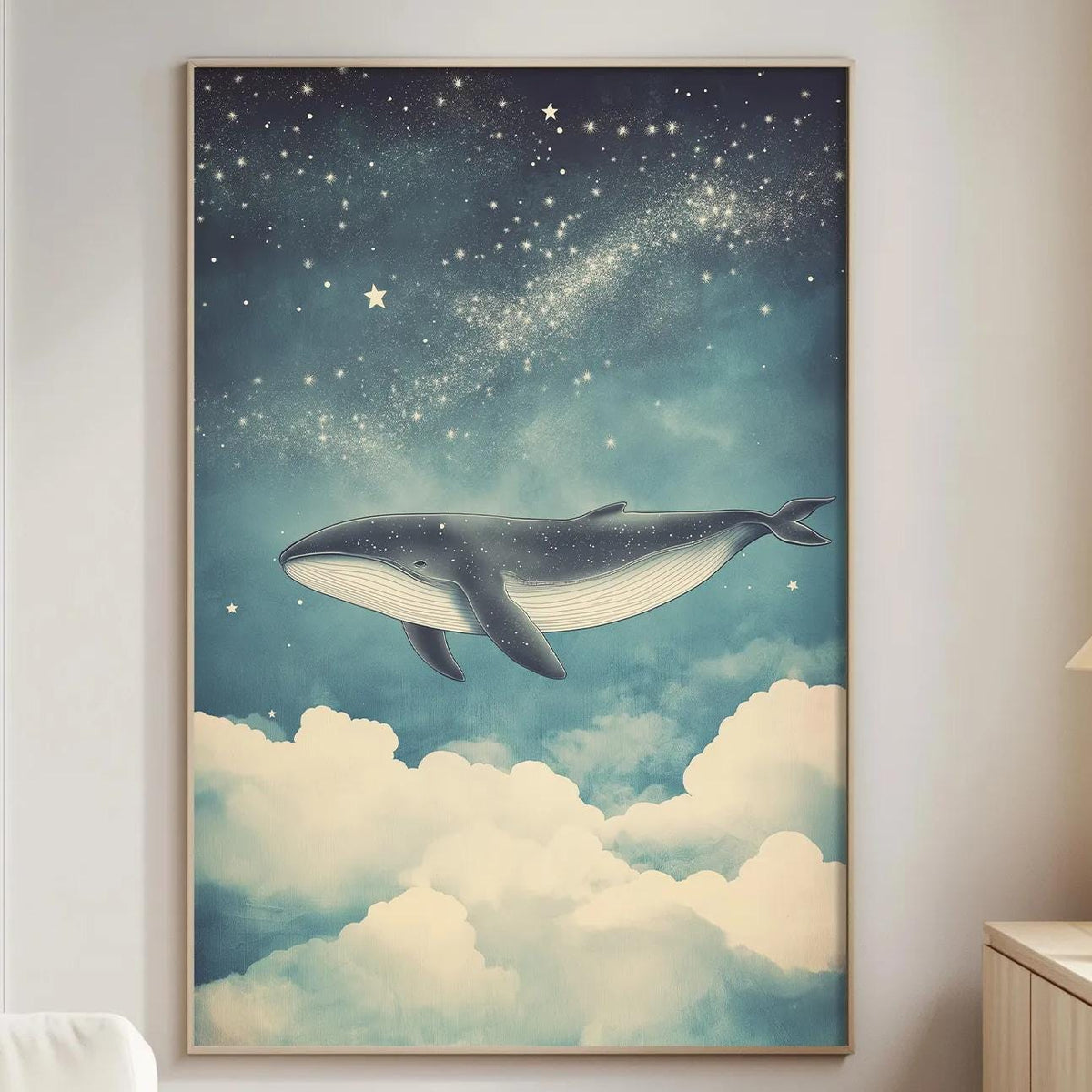 a large painting of a whale flying through a starry night sky, hanging on a wall in a living room.