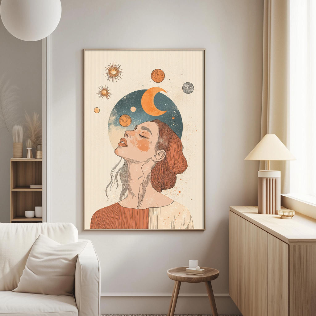 a large, colorful painting of a woman's face with a cosmic background, hanging on a wall in a living room.