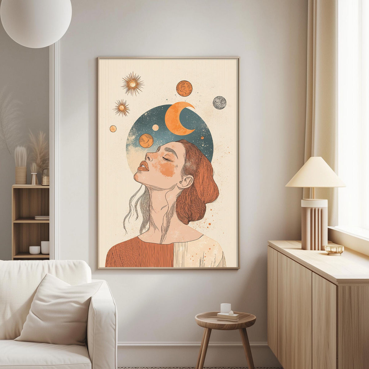 a large, colorful painting of a woman's face with a cosmic background, hanging on a wall in a living room.