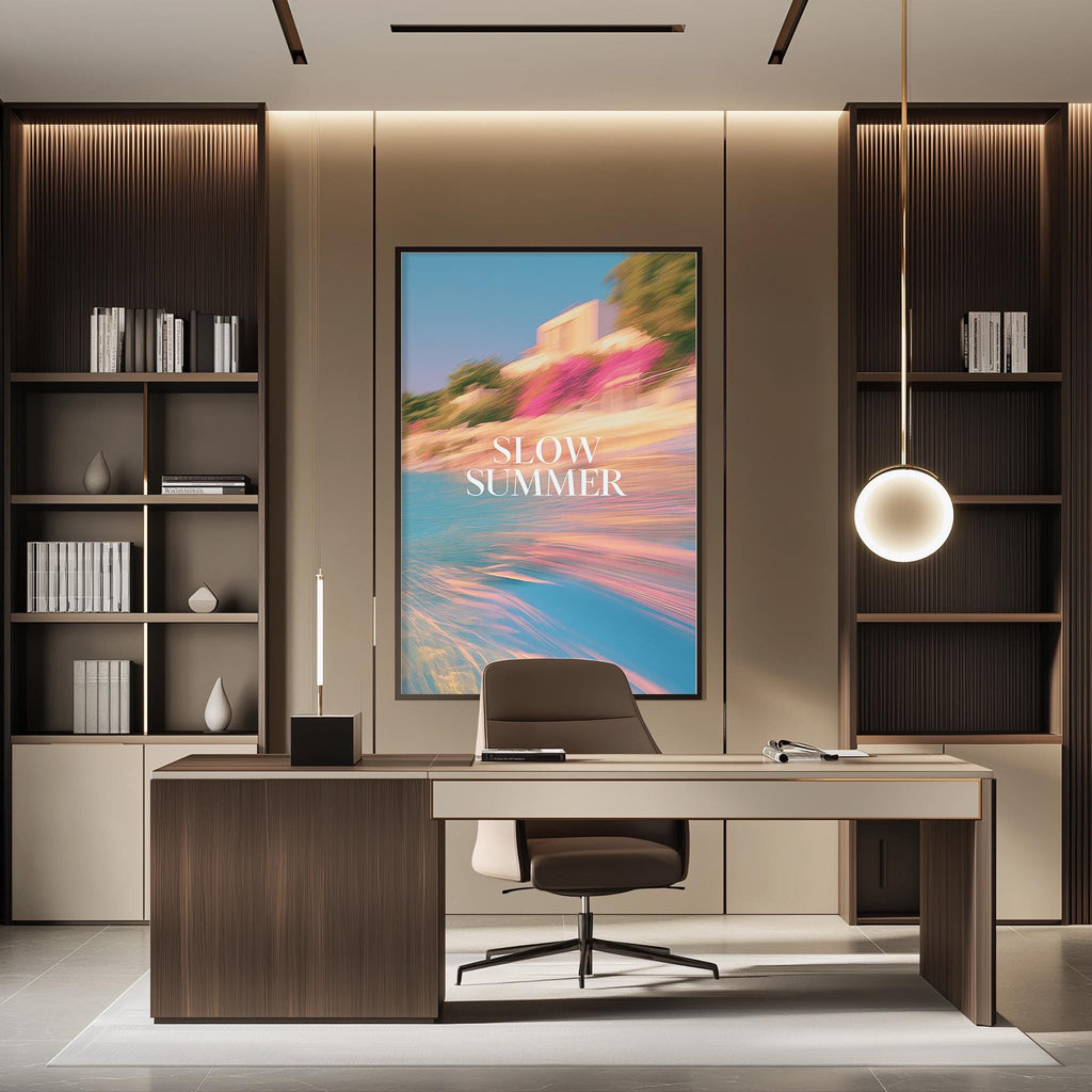 a modern office space with a large framed poster on the wall that says "SLOW SUMMER". The office has a wooden desk, a chair, and a bookshelf. The overall design and decor create a professional and stylish atmosphere.