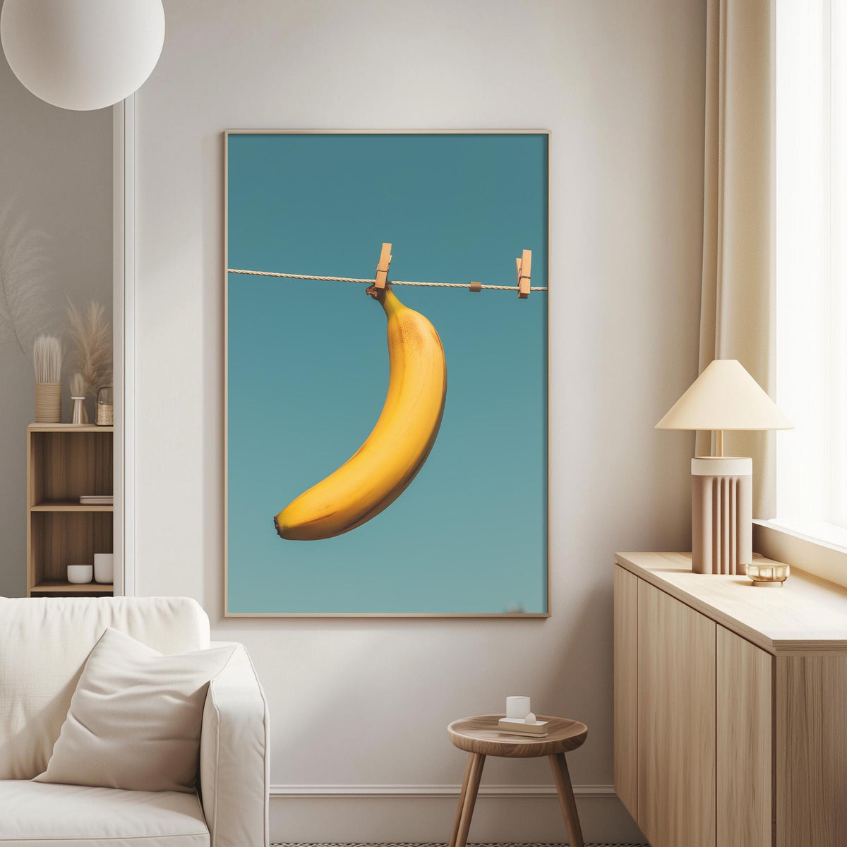 a large framed picture of a banana hanging from a clothesline in a living room.
