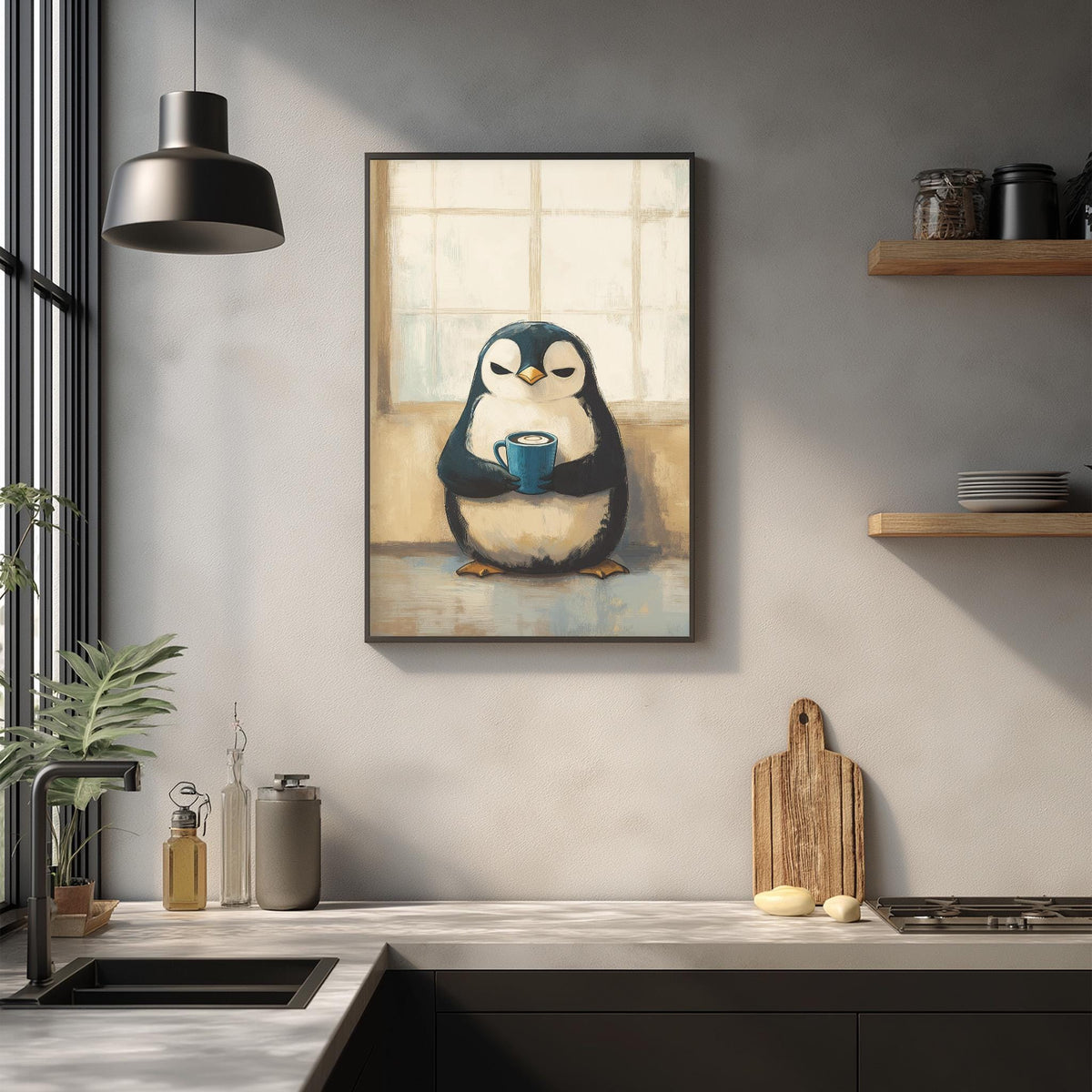 a penguin sitting on a windowsill, holding a blue cup, and looking out the window.