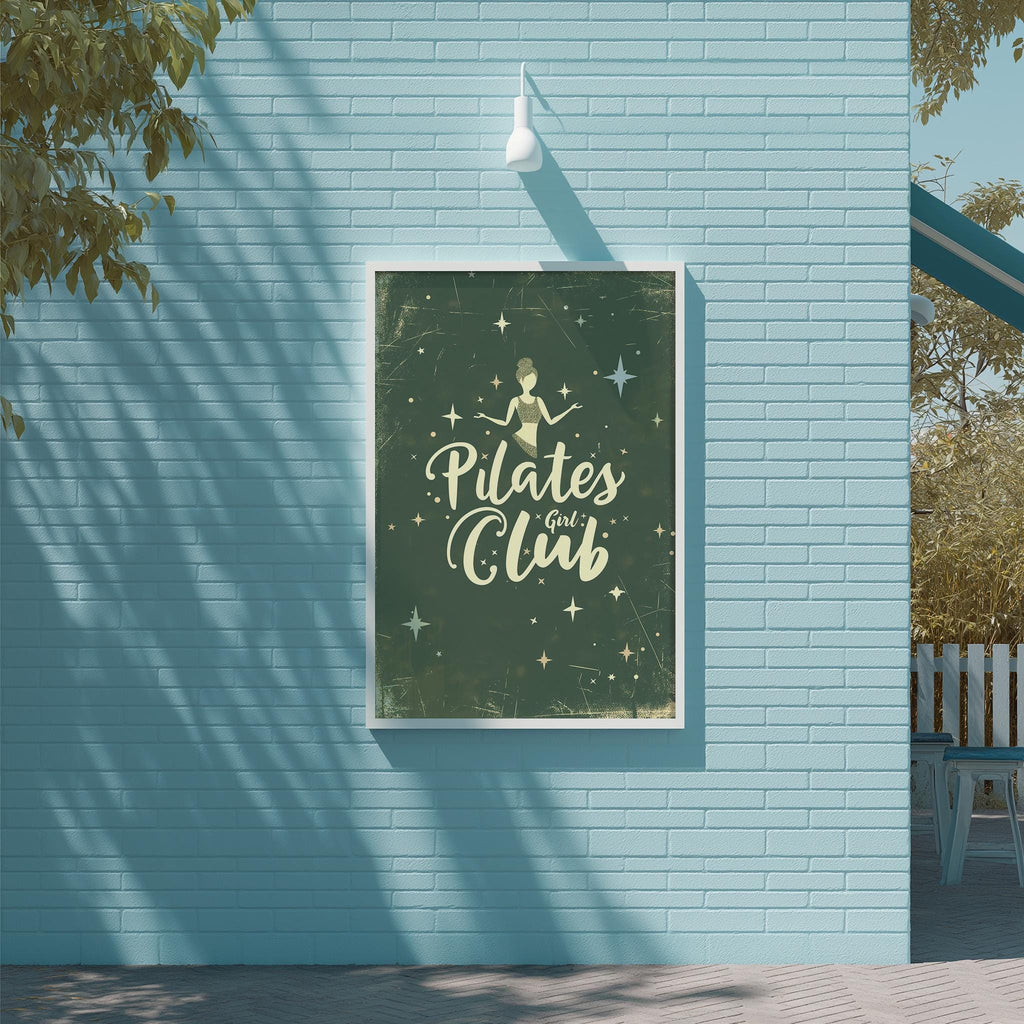 a poster for a Pilates Club, with a blue brick wall and a tree in the background.
