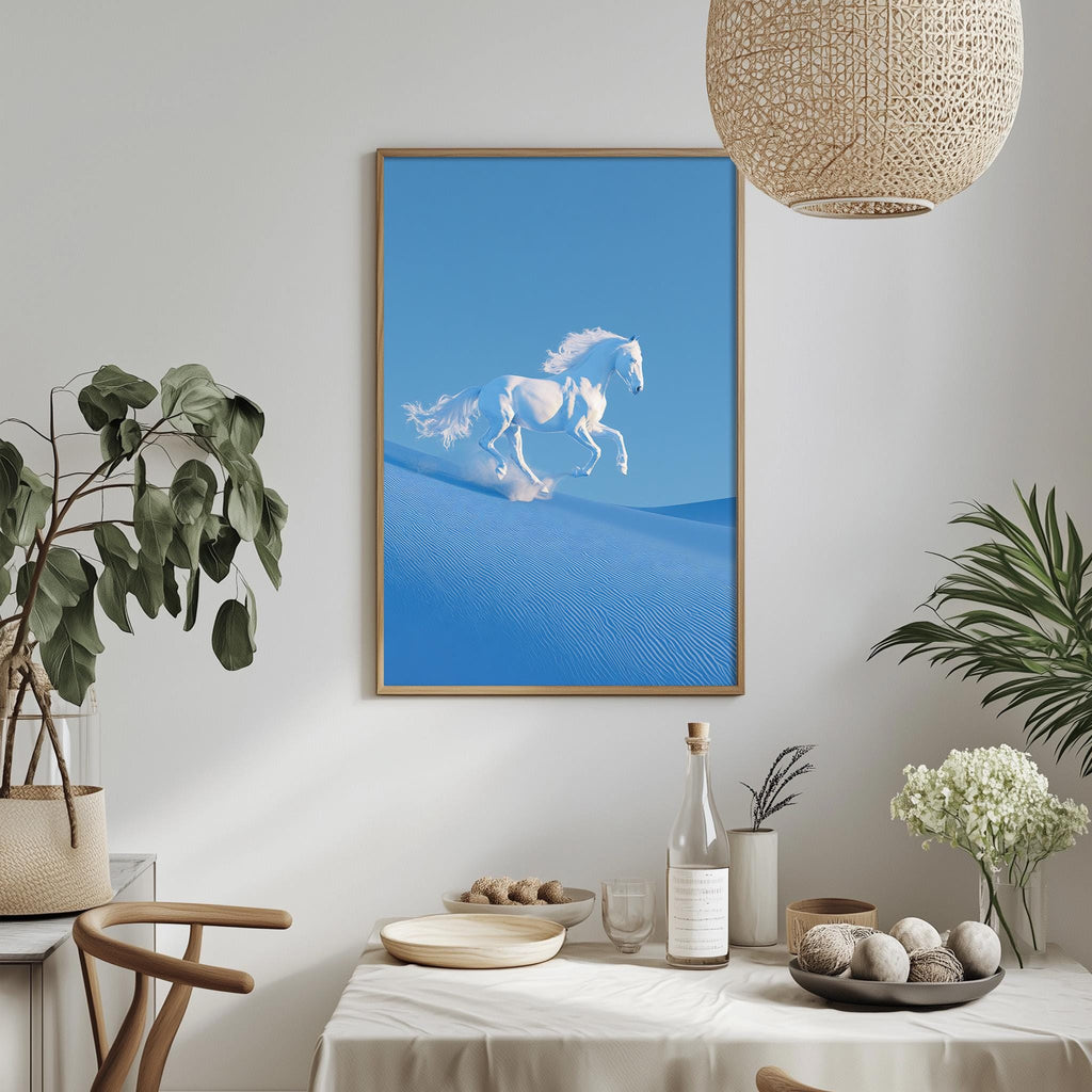 a dining table with a white tablecloth, a bowl of fruit, a bottle, and a vase with flowers. Above the table, there is a framed picture of a white horse running on a blue background.