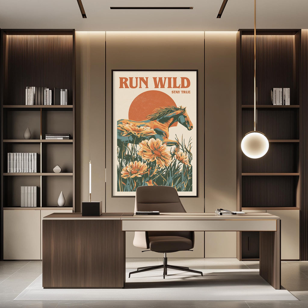 a modern office space with a large poster of a horse and flowers on the wall, a wooden desk with a chair, and a bookshelf filled with books.