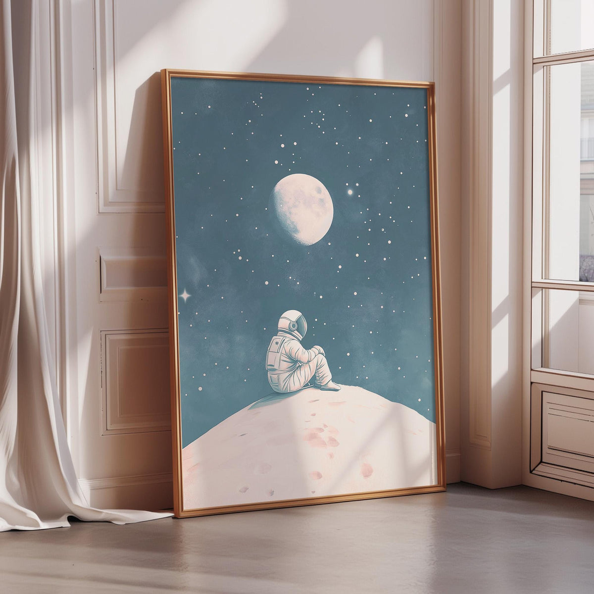 an astronaut sitting on a rocky surface, gazing up at the moon and stars in the night sky.
