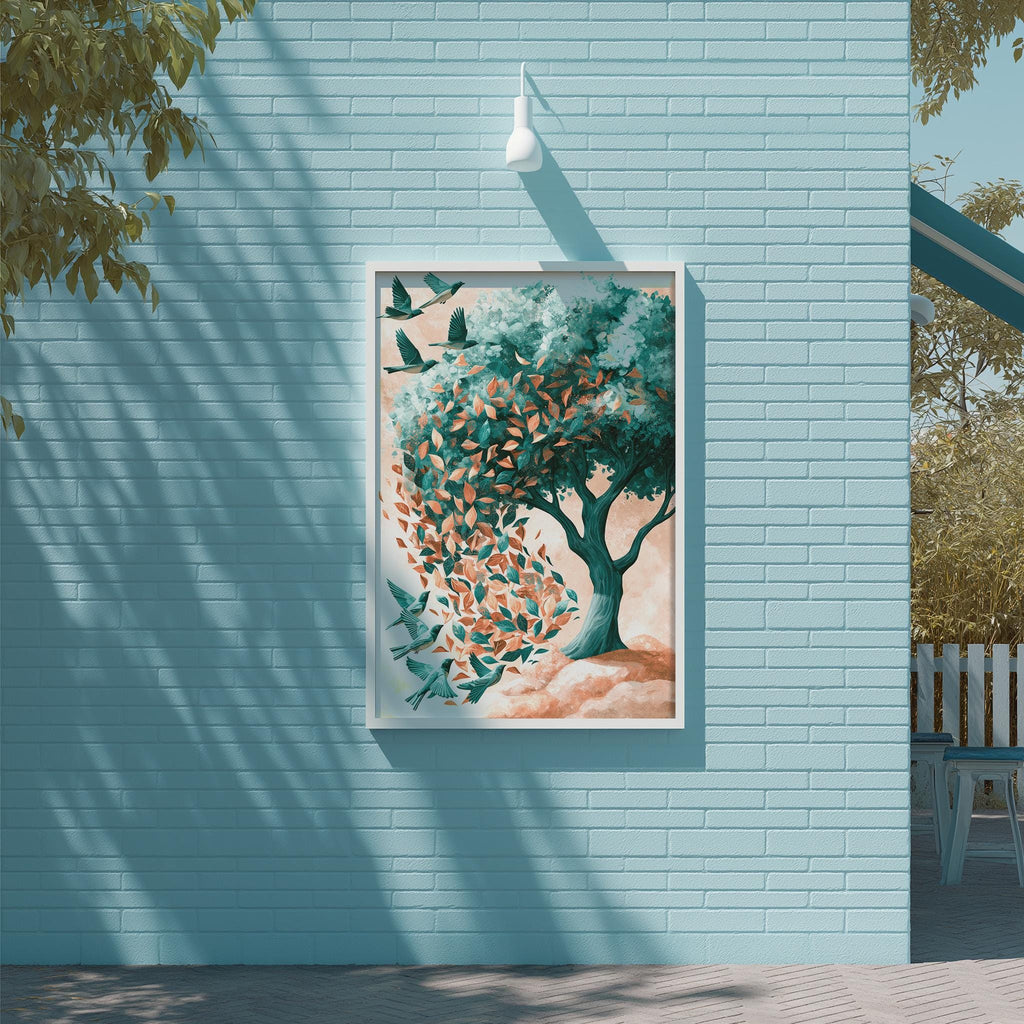 a blue brick wall with a framed painting of a tree with orange leaves hanging on it.