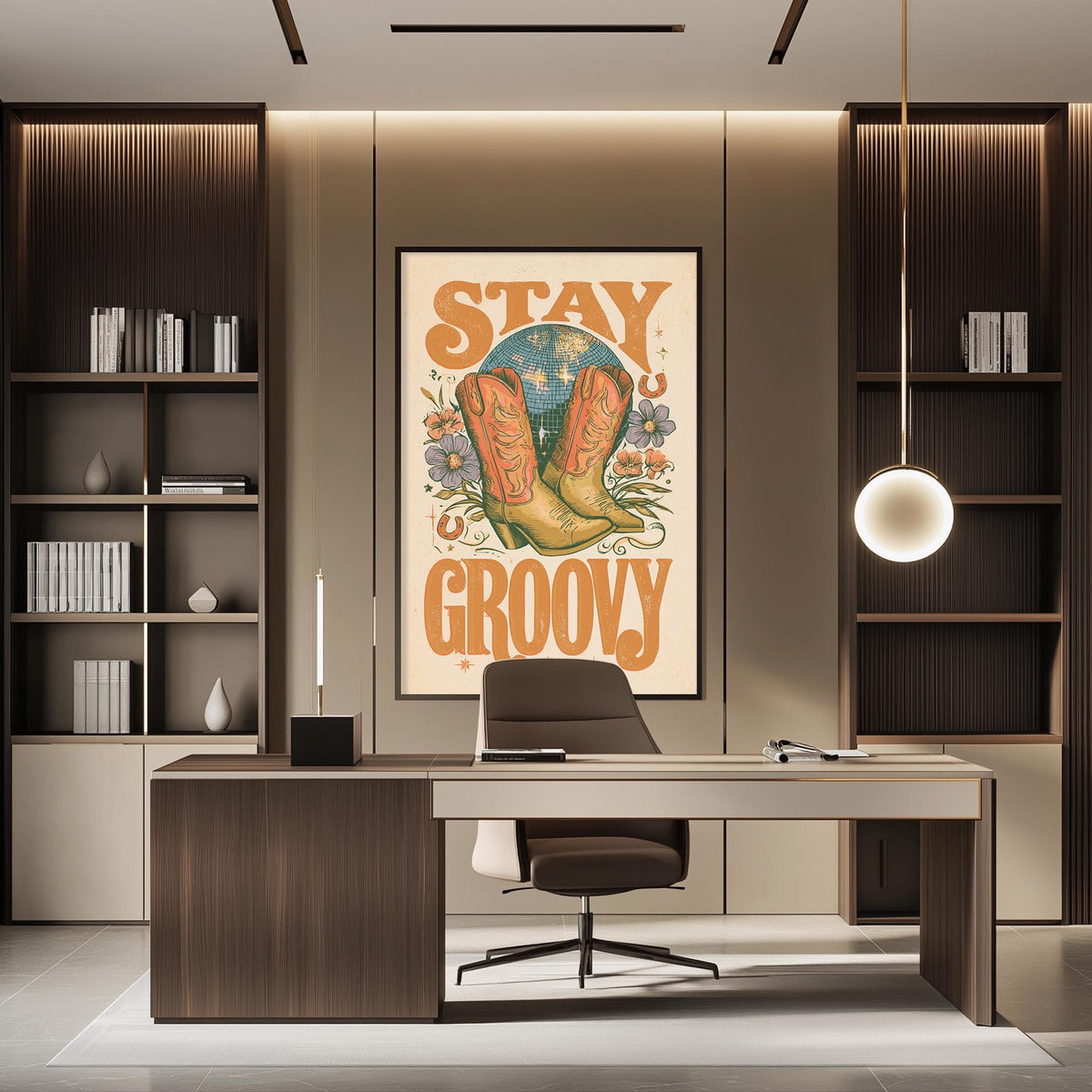 a modern office space with a desk, chair, and shelving units. A large poster with the text "STAY GROOVY" is displayed on the wall above the desk.