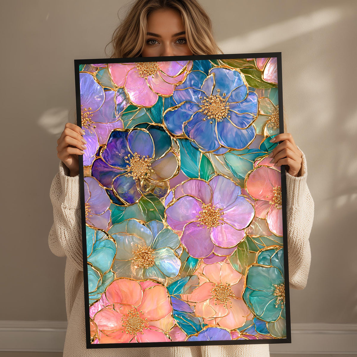 A woman holds up a framed picture of a vibrant, colorful floral design with various shades of pink, blue, green, and purple flowers.