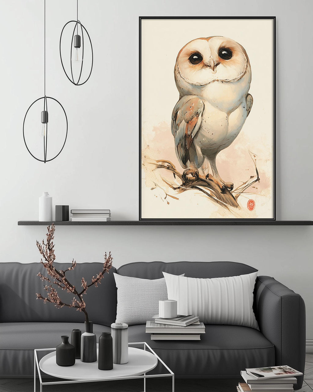 a large framed painting of a white owl perched on a branch, hanging on a wall above a gray couch with white pillows. The room has a minimalist decor, with a coffee table, pendant lights, and a shelf with decorative items.