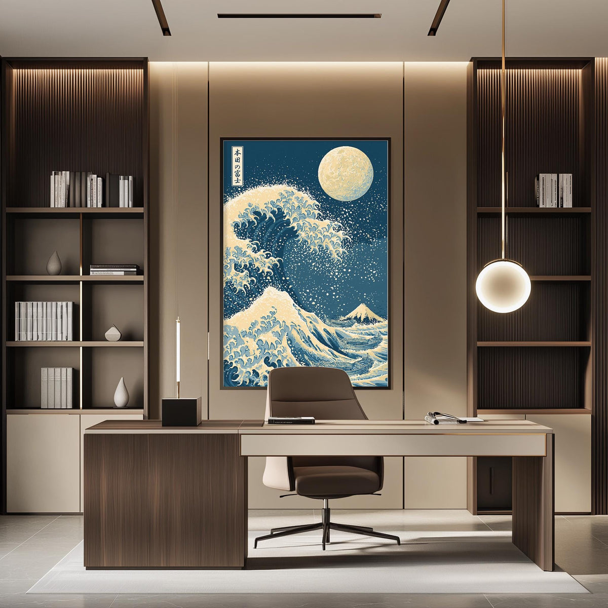 a modern office space with a large framed artwork depicting a wave on the wall, a desk with a chair, and built-in bookshelves.