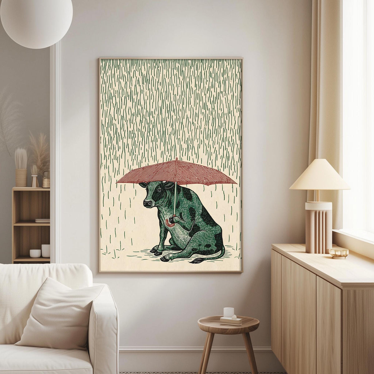 a painting of a cow sitting in the rain under an umbrella, which is hanging on a wall in a living room.