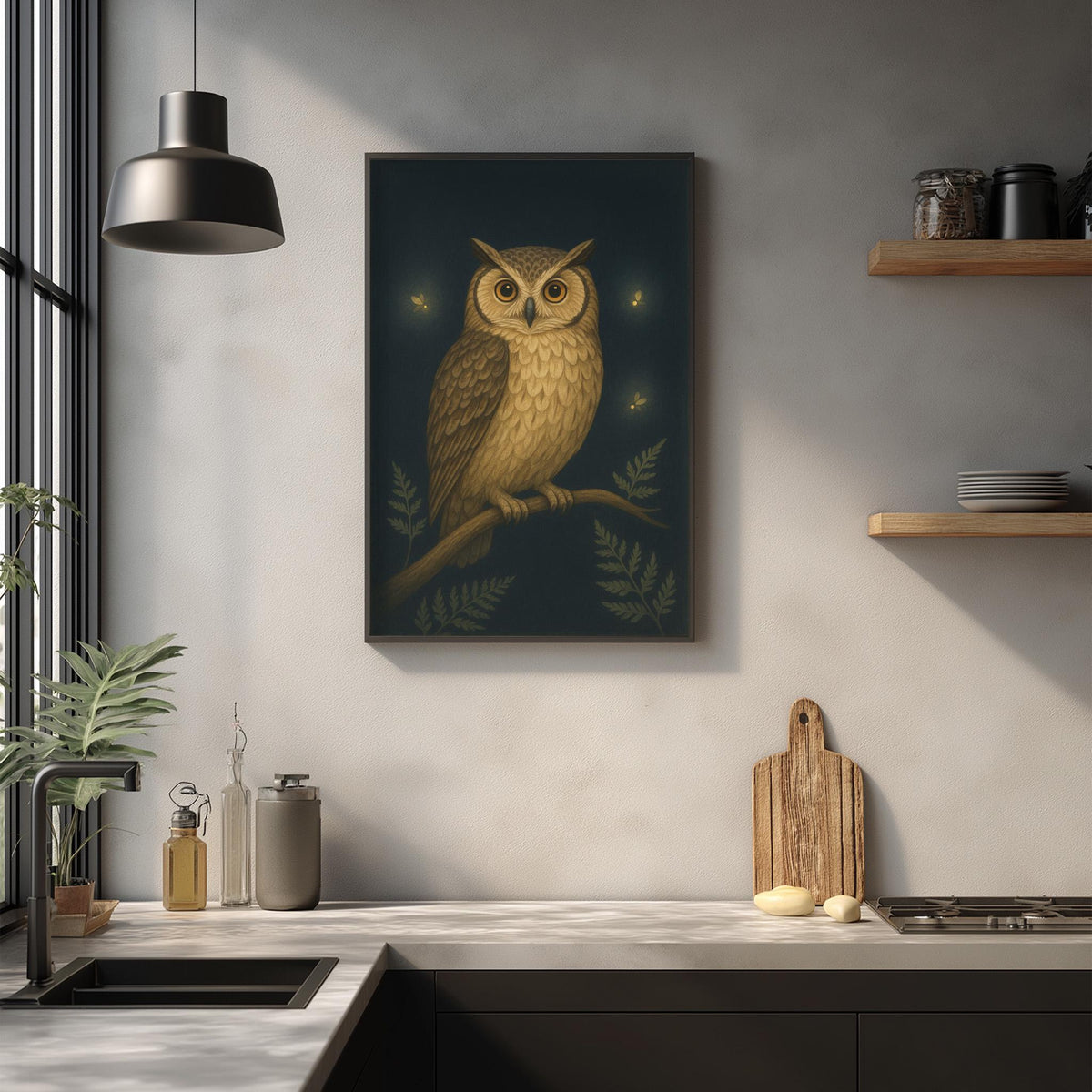 a kitchen scene with a framed illustration of an owl perched on a branch, surrounded by leaves and flowers, hanging on the wall above a countertop with various kitchen items such as a cutting board, a bottle, and a vase.