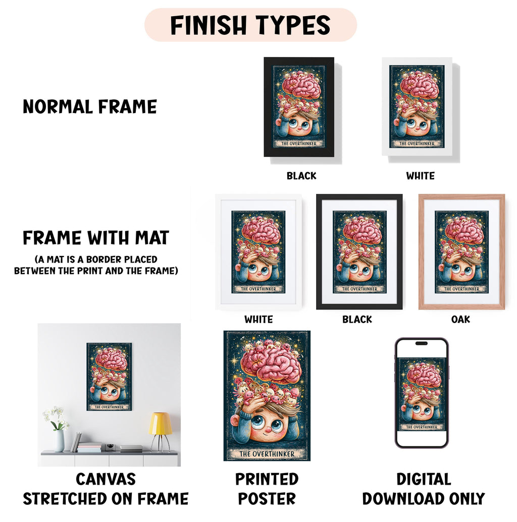 a collection of framed artworks, including a canvas stretched on a frame, a printed poster, and a digital download. The artworks are labeled with different finish types, such as "NORMAL FRAME", "BLACK", "WHITE", "BLACK", and "OAK". The artworks also feature various frames, such as a black frame, a white frame, and a black frame. The artworks are described as "CANVAS STRETCHED ON FRAME", "PRINTED POSTER", and "DIGITAL DOWNLOAD ONLY".