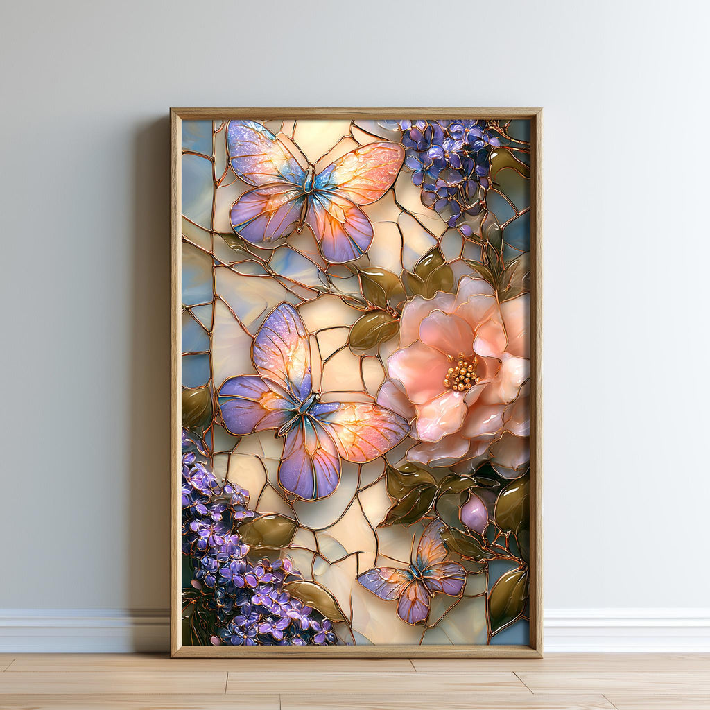 A framed artwork depicting a vibrant and colorful floral arrangement with butterflies and flowers.