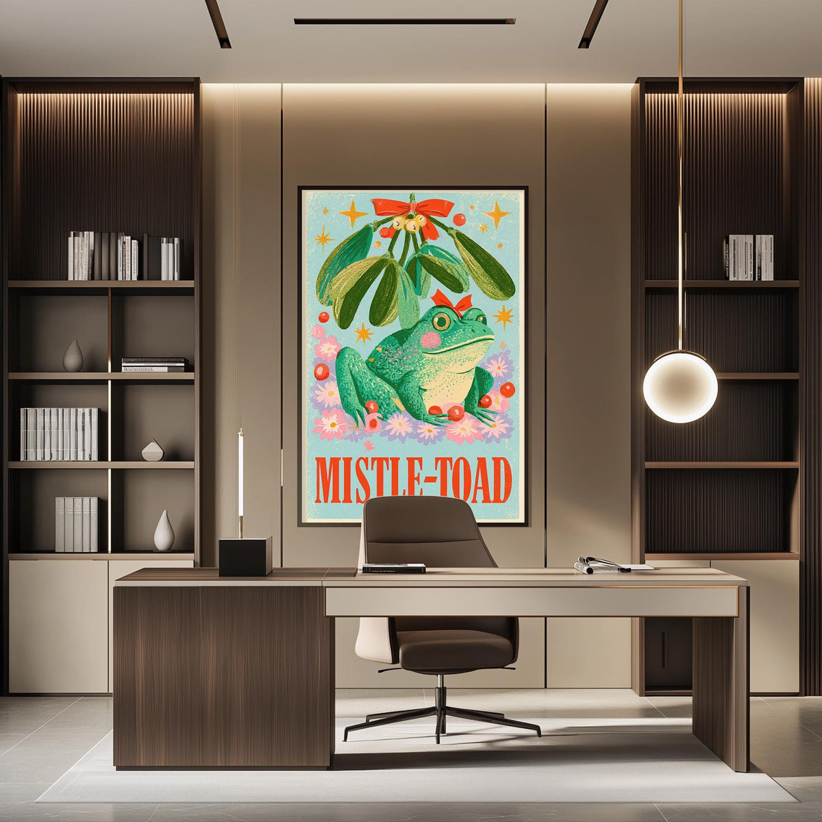 a modern office space with a large framed poster of a green frog on the wall, a wooden desk with a chair, and a bookshelf filled with books.