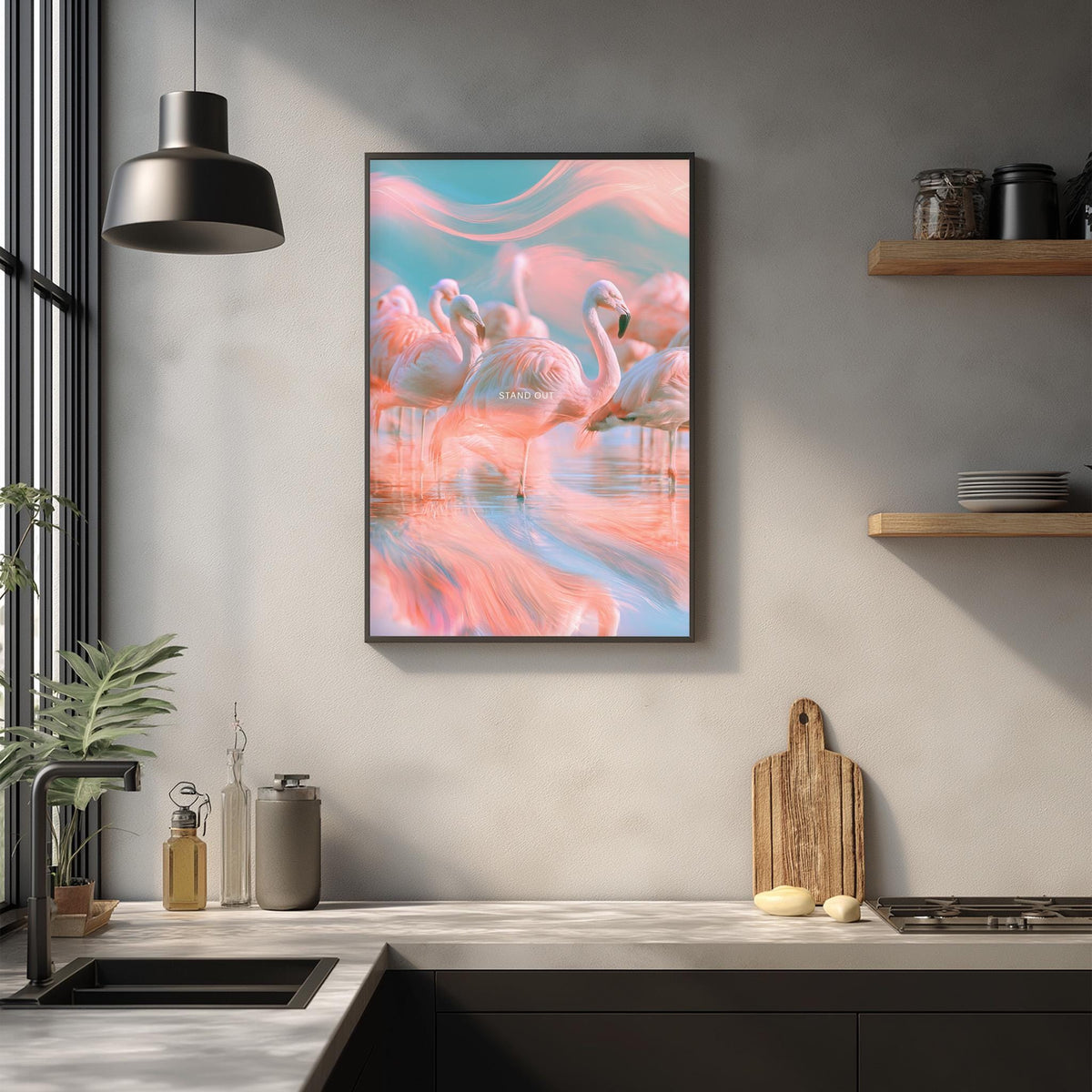 a framed photograph of a group of pink flamingos standing in a body of water, with a vibrant and colorful background.